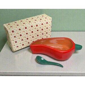 Red Chili Pepper Stoneware Salsa Dip Bowl & Spoon Set Hand Painted New In Box
